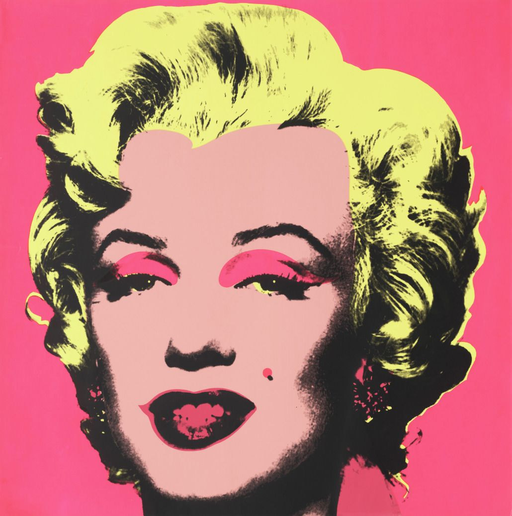 Pop art portrait of a woman with blonde hair against a bright pink background. 
