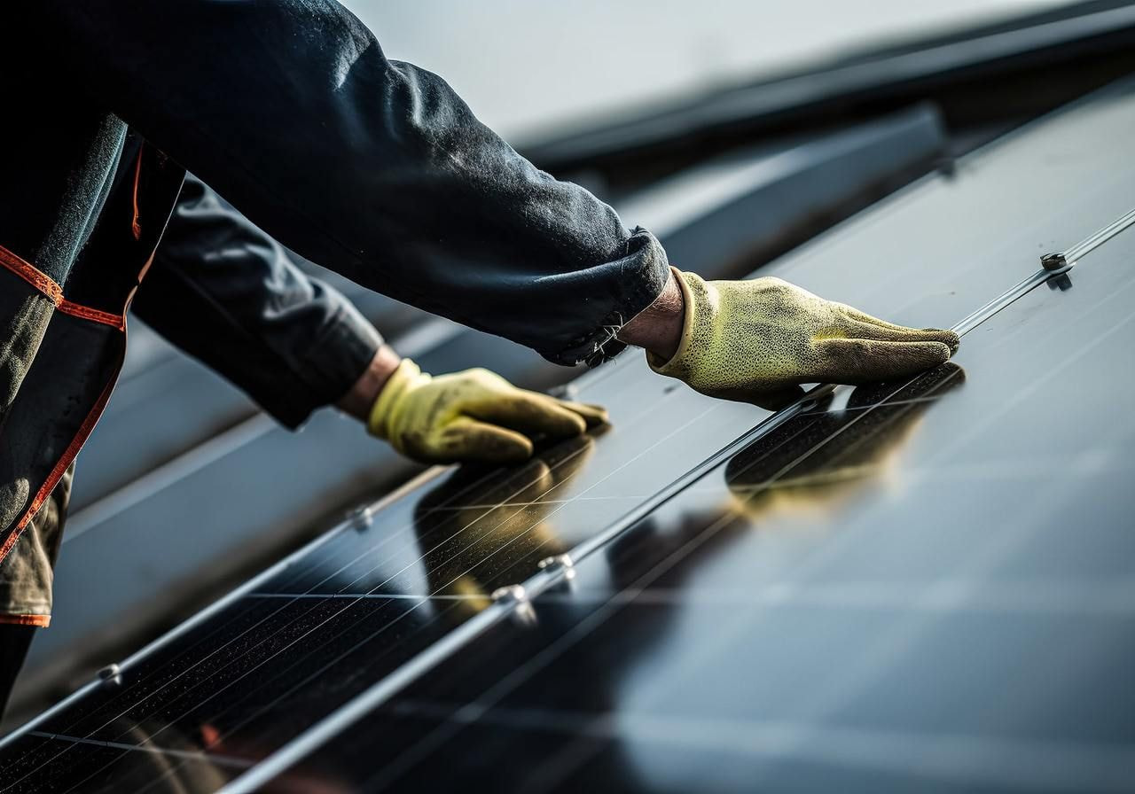 A person installing solar panels on a roof.