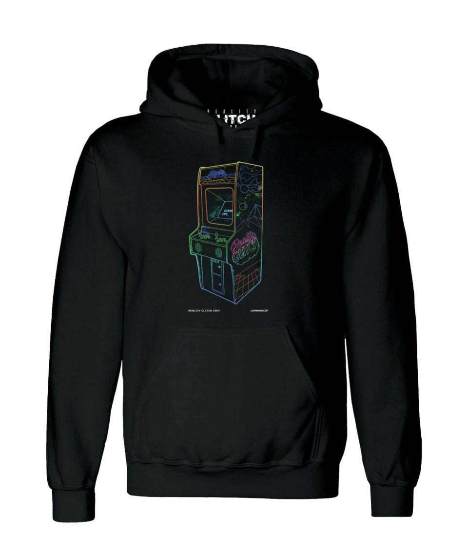 a black sweatshirt with a colorful drawing of a game machine