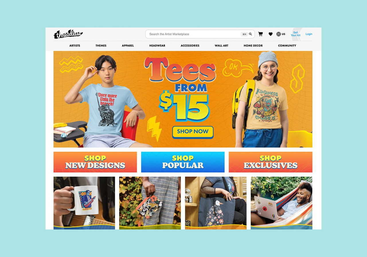 Threadless homepage hero section screenshot mockup.