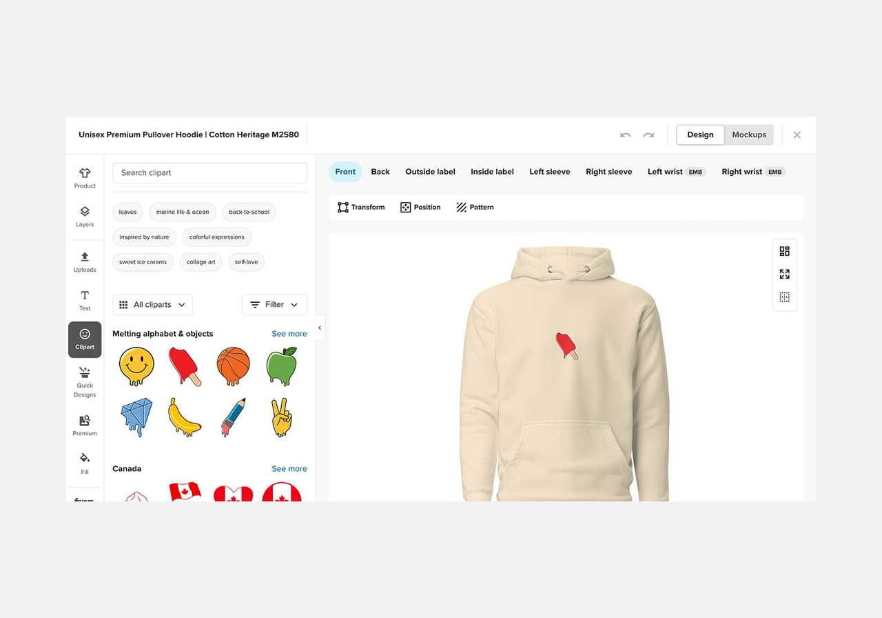 A screenshot showing Printful’s Design Maker Clipart tool in action.