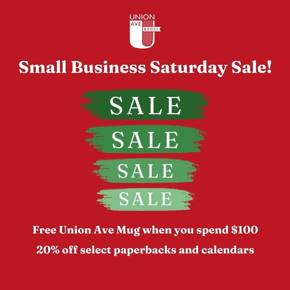 Sale poster with a red background, "Small Business Saturday Sale!" text. Four stacked green brush strokes each say "SALE" in white.