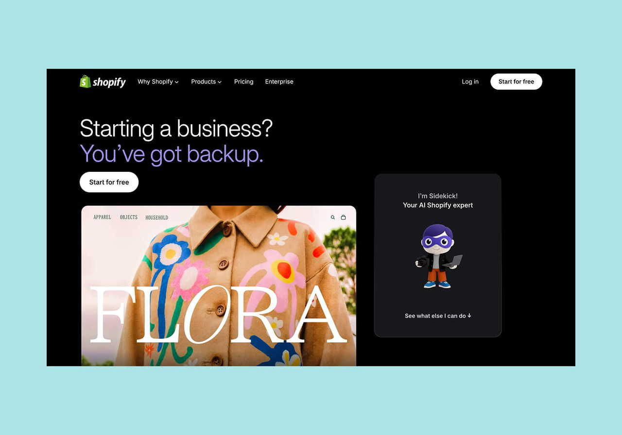 Shopify Sidekick homepage hero section screenshot mockup.
