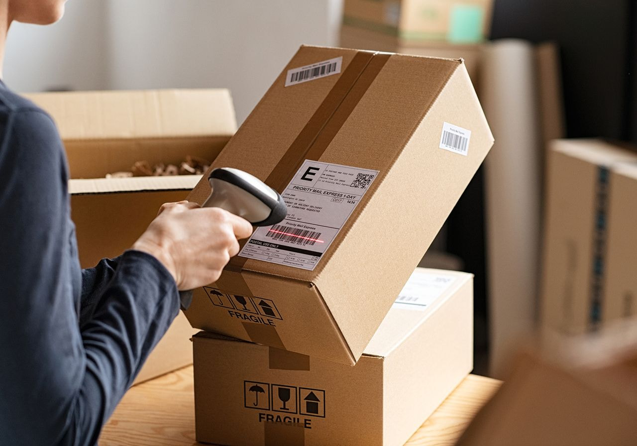 A worker scans the barcode on a Priority Mail Express shipping label on a cardboard box marked fragile.