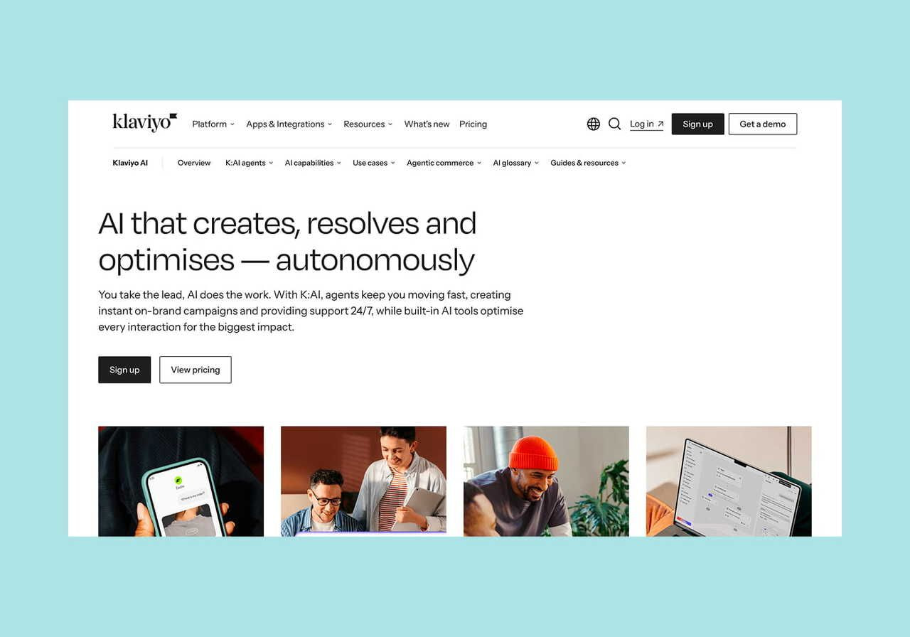 Klaviyo AI homepage hero section screenshot mockup.