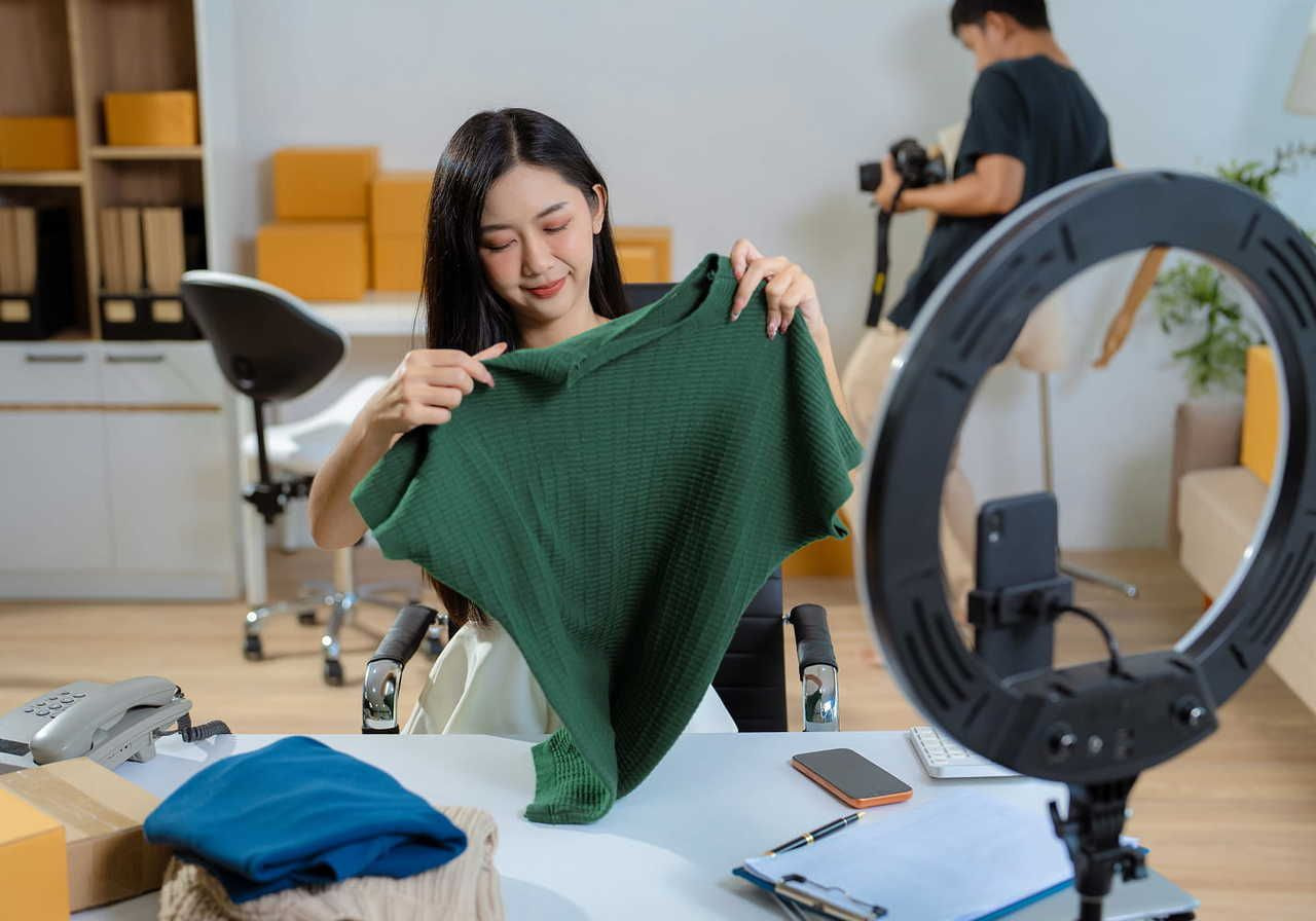 A woman is holding a green sweater to film it using a smartphone on a tripod and a ring light.
