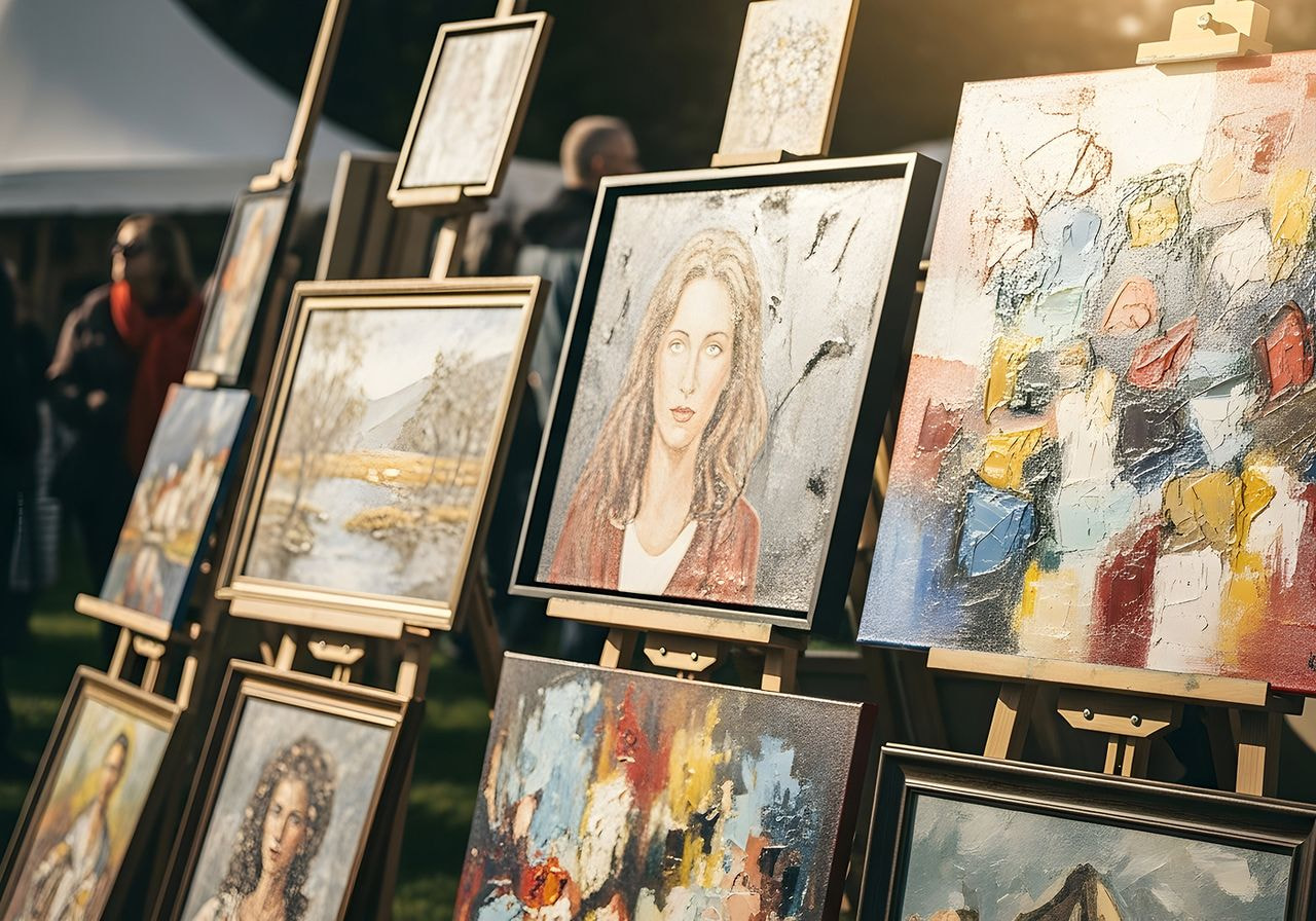 Outdoor event featuring various artists' paintings displayed on easels under a clear blue sky.