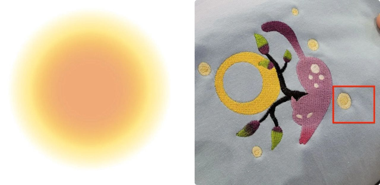 Radial gradient in a digital design vs. in final embroidery results