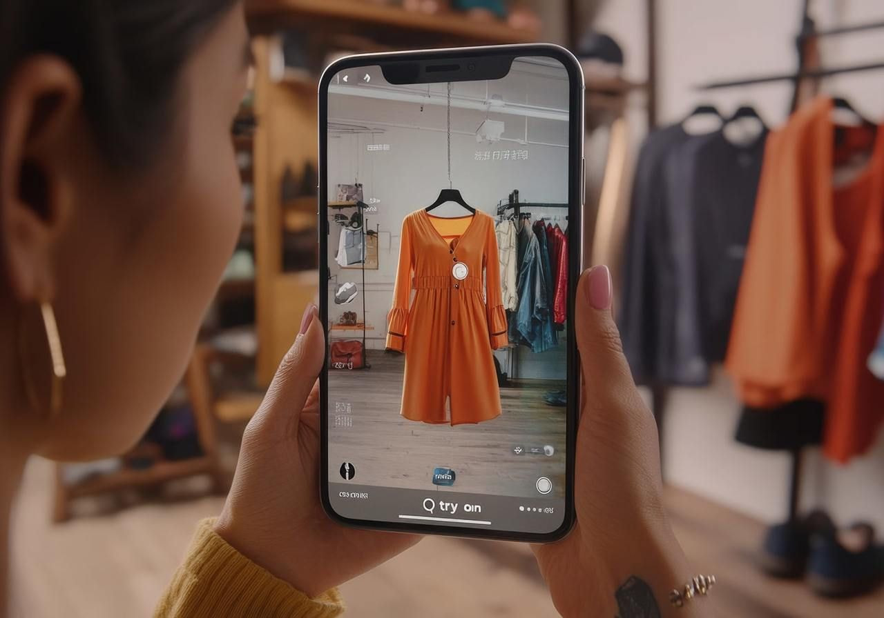An AI-generated image of a woman using a mobile phone for an AR clothing shopping experience.