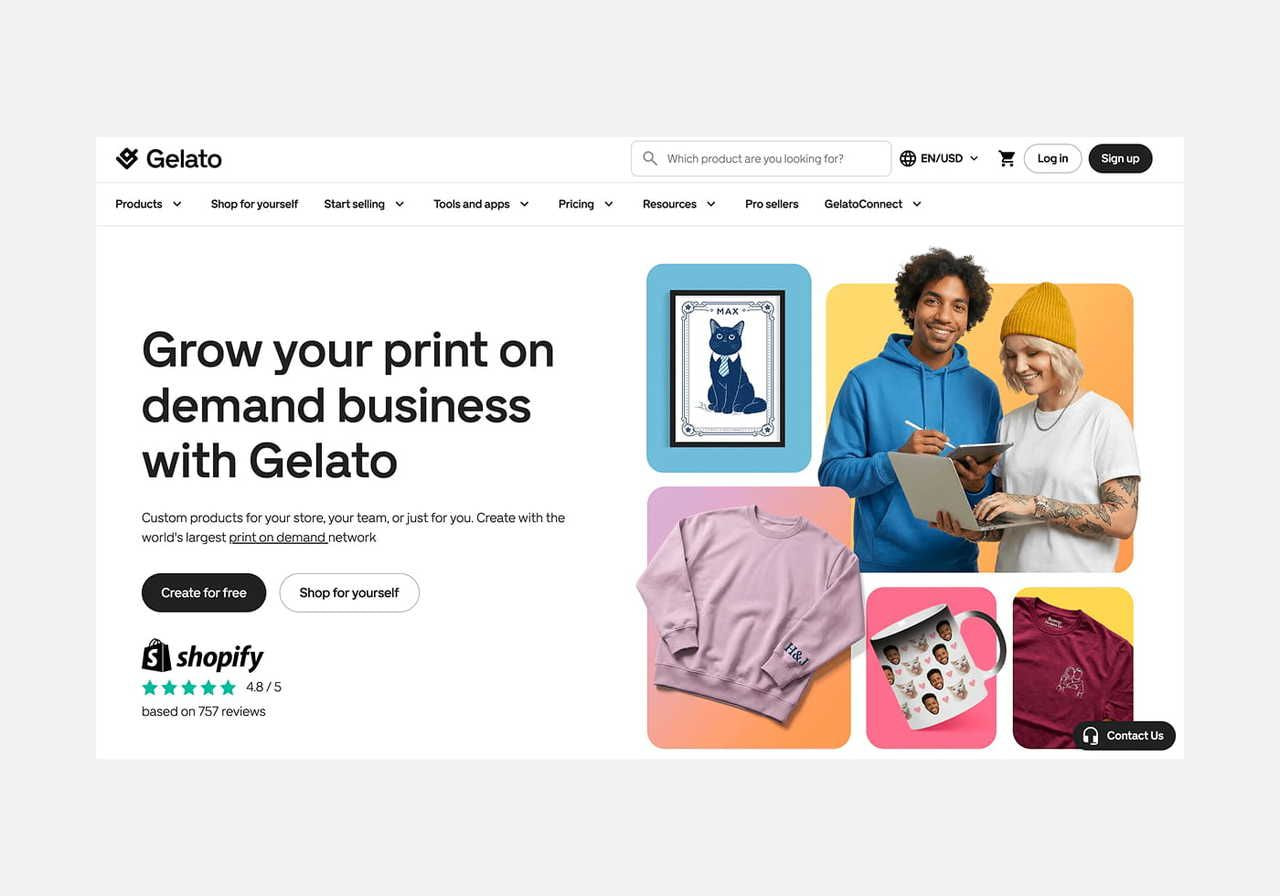 A screenshot mockup of Gelato’s homepage hero section as an example of a Zazzle alternative.