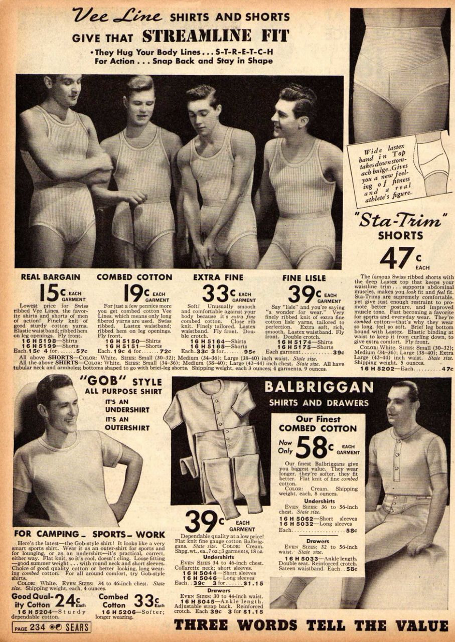 Vintage advertisement featuring men modeling Vee Line undershirts and shorts with a focus on "streamline fit.