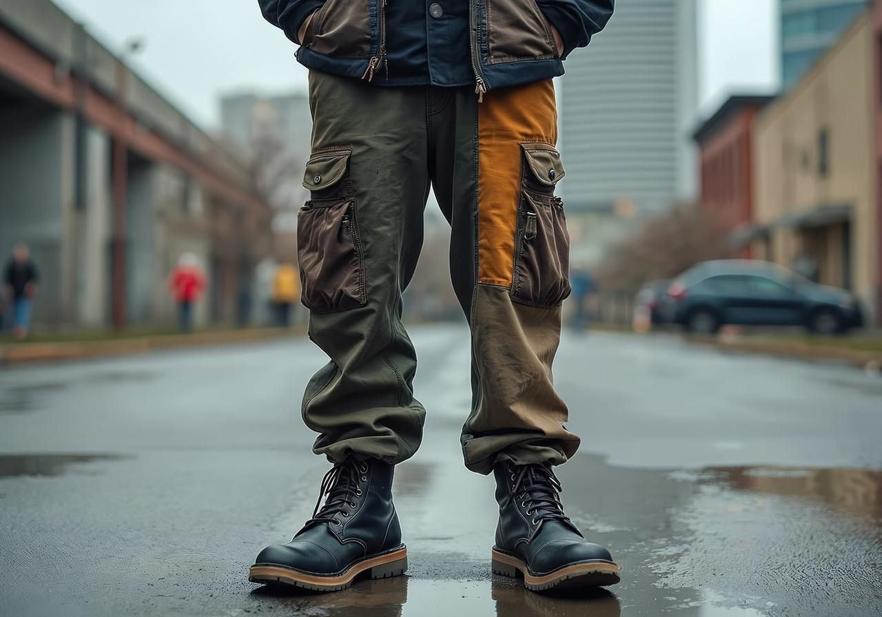 A person wearing patchwork cargo pants with boots (as an example of gorpcore fashion) stands confidently on a wet city street.