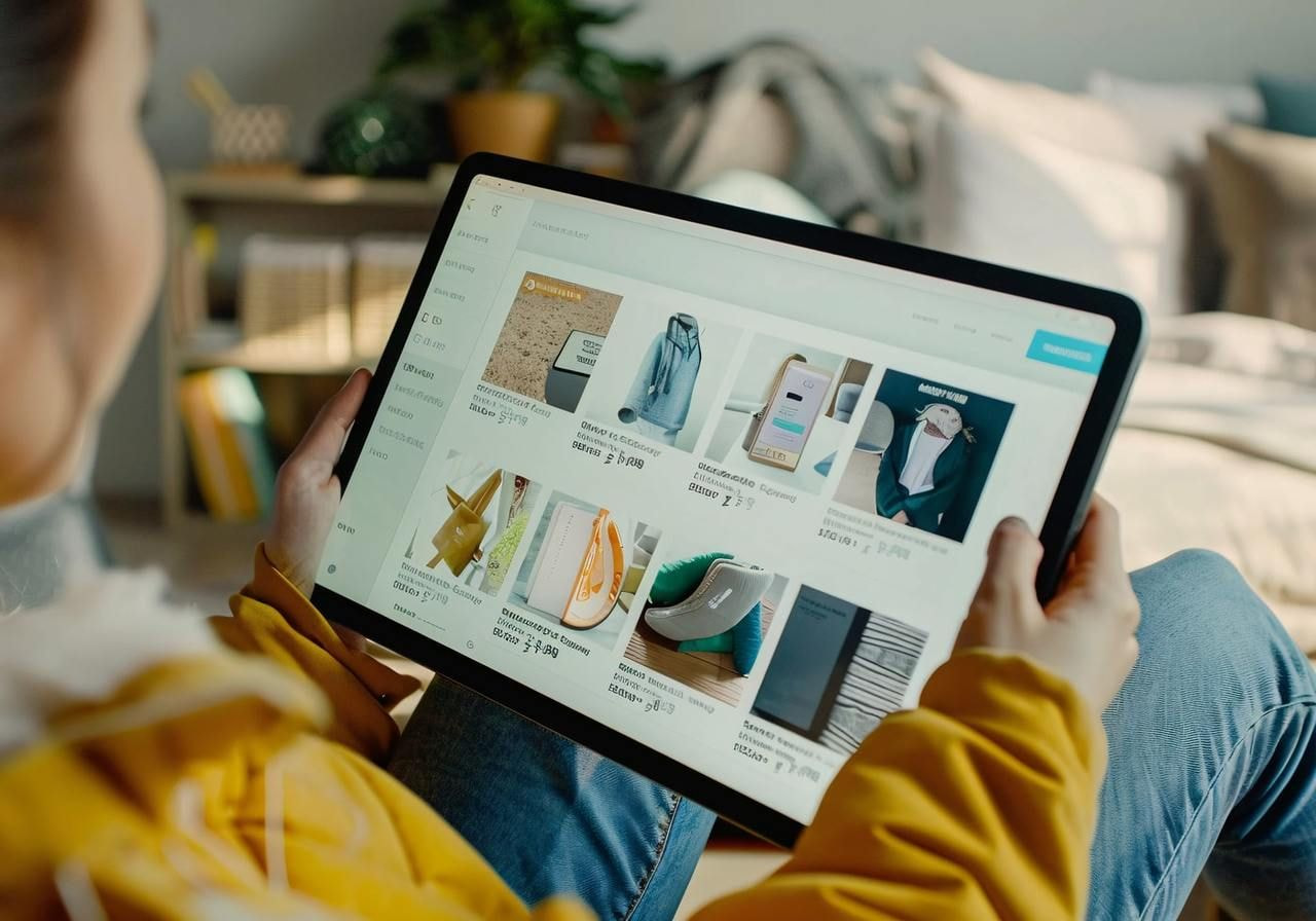 A woman is holding a tablet and looking at different merch.