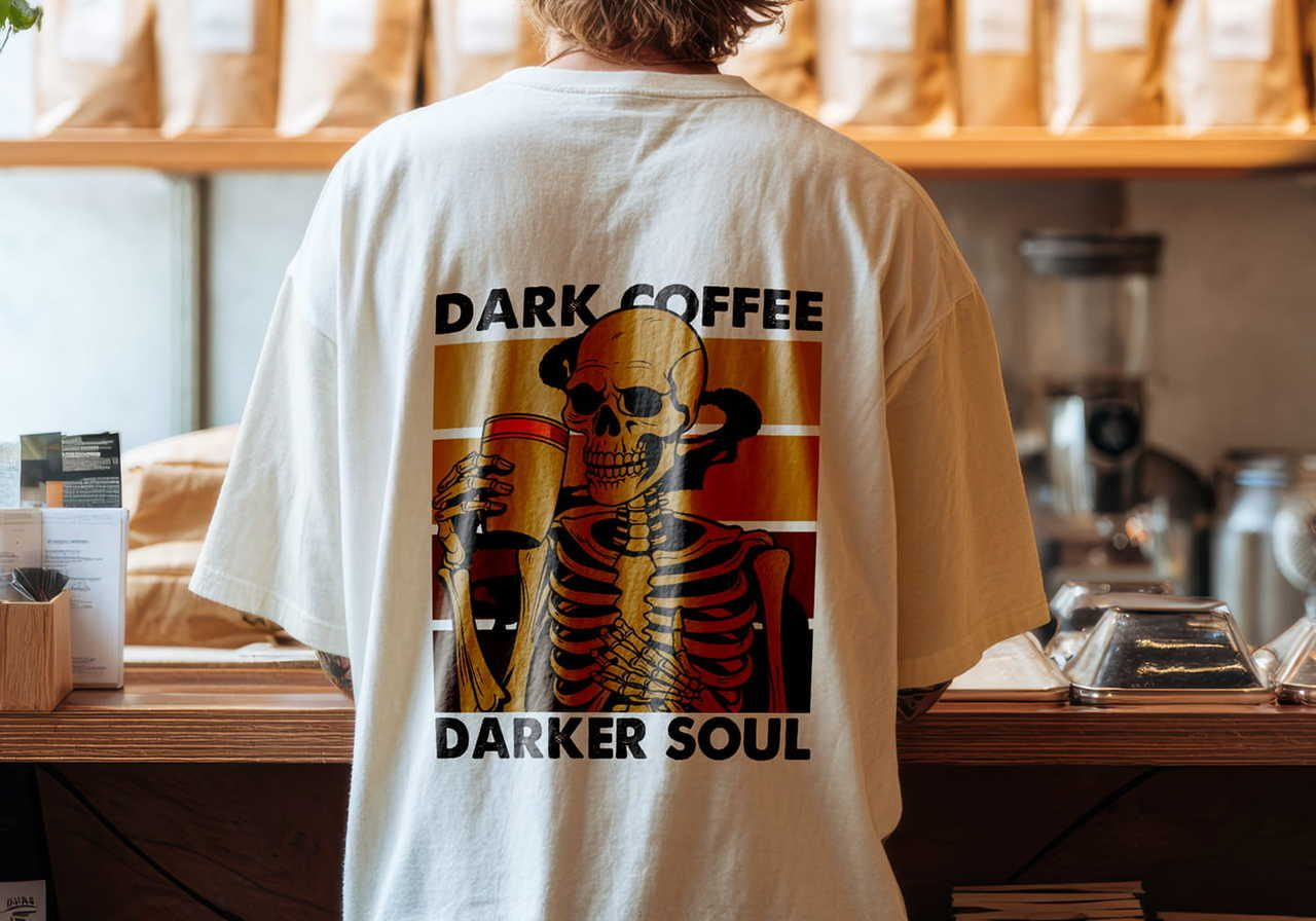 A backshot of a man wearing a white t-shirt with an illustration of skeleton drinking coffee and “Dark coffee, darker soul” text.