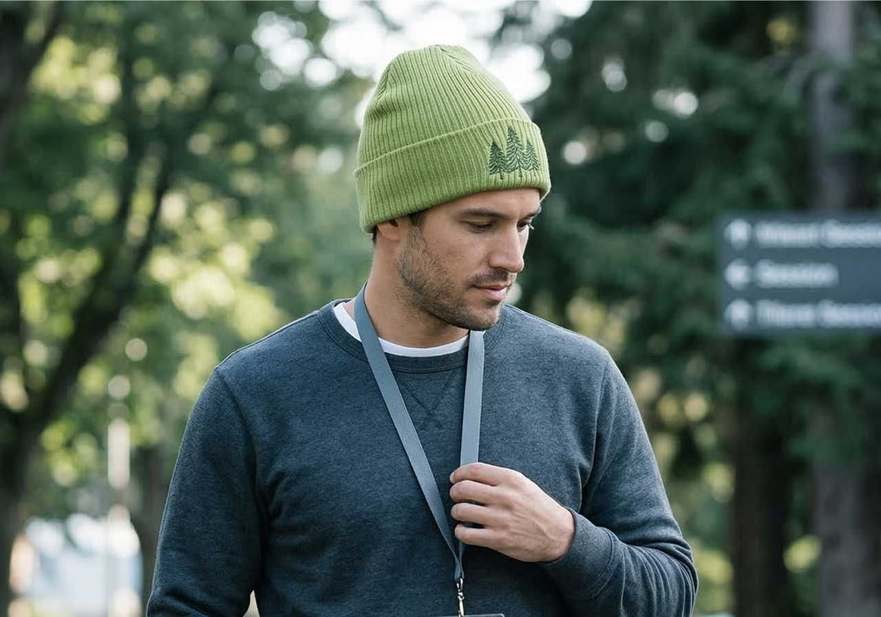 A man in a green beanie and gray sweatshirt walks outdoors, holding a lanyard. Trees and directional signs blurred in the background.