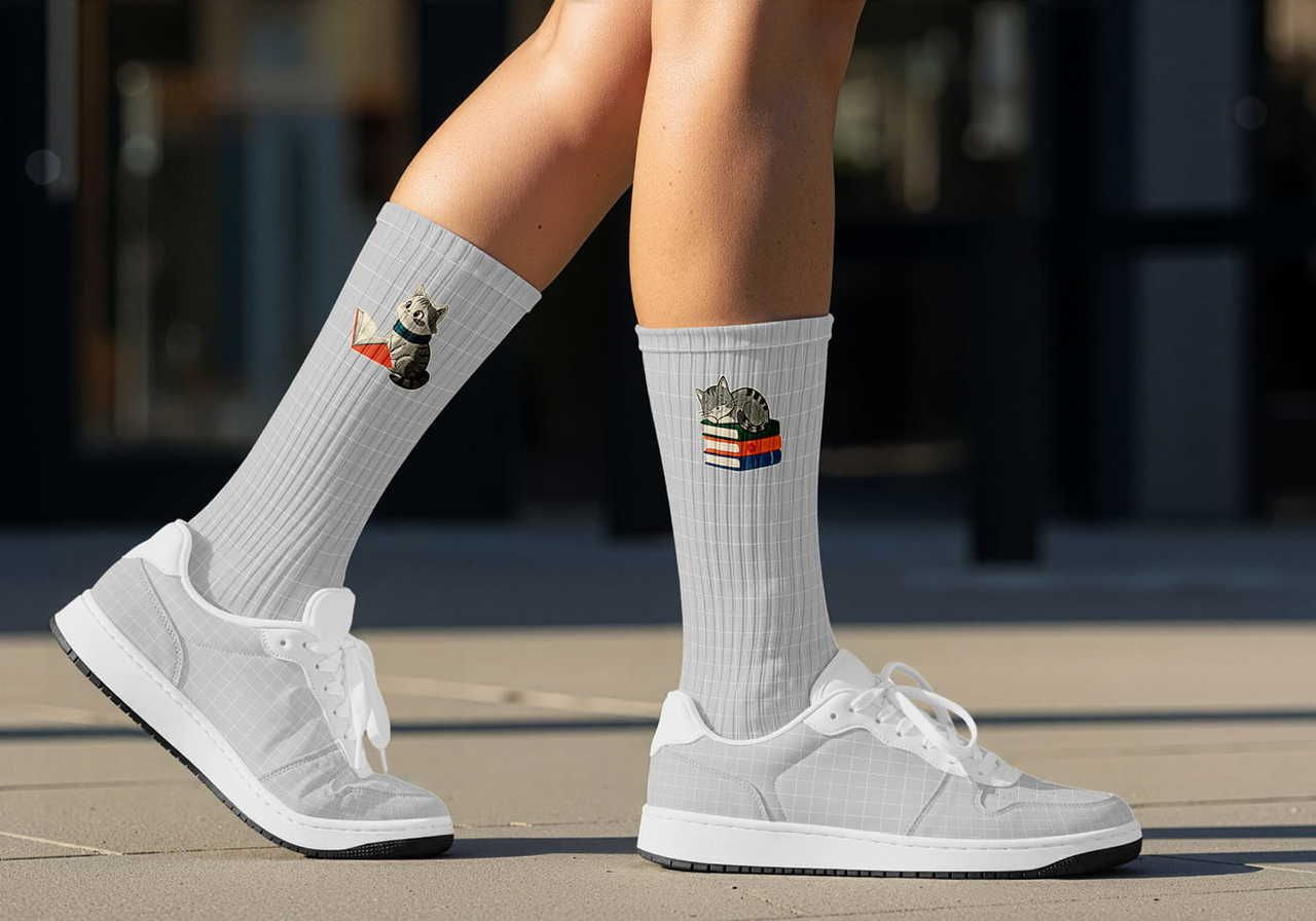 A person wearing white sneakers and gray socks with a graphic design of a cat reading books.
