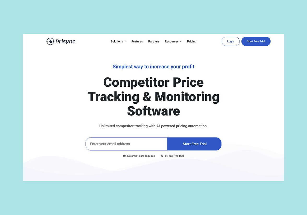 Prisync homepage hero section screenshot mockup.