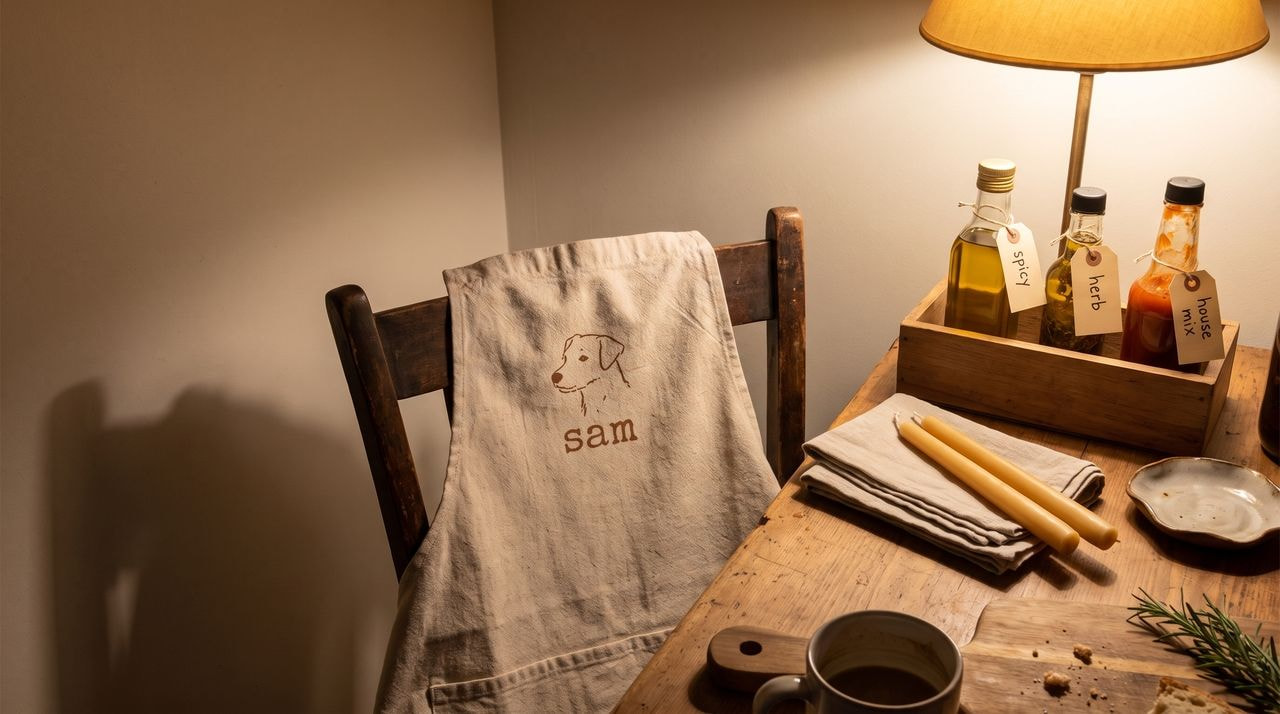 A custom name-and-dog apron draped over a wooden chair beside a gift box of olive oil and hot sauce bottles, cloth napkins, and beeswax candles on a kitchen table, lit by a warm evening lamp.