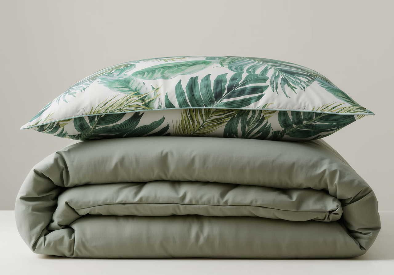 A clean, neatly folded sage green comforter is stacked with a pillow on top. The pillow features a vibrant tropical leaf pattern.