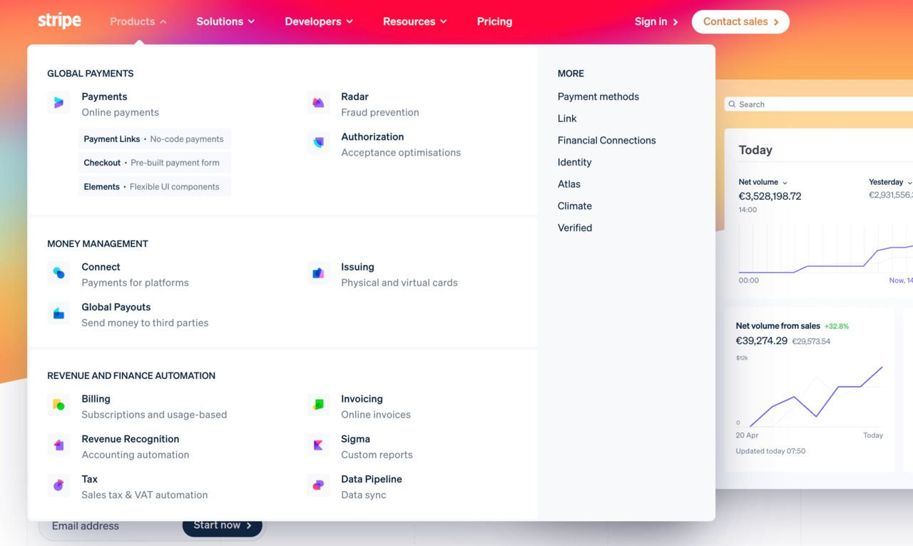 A screenshot of a Stripe landing page.