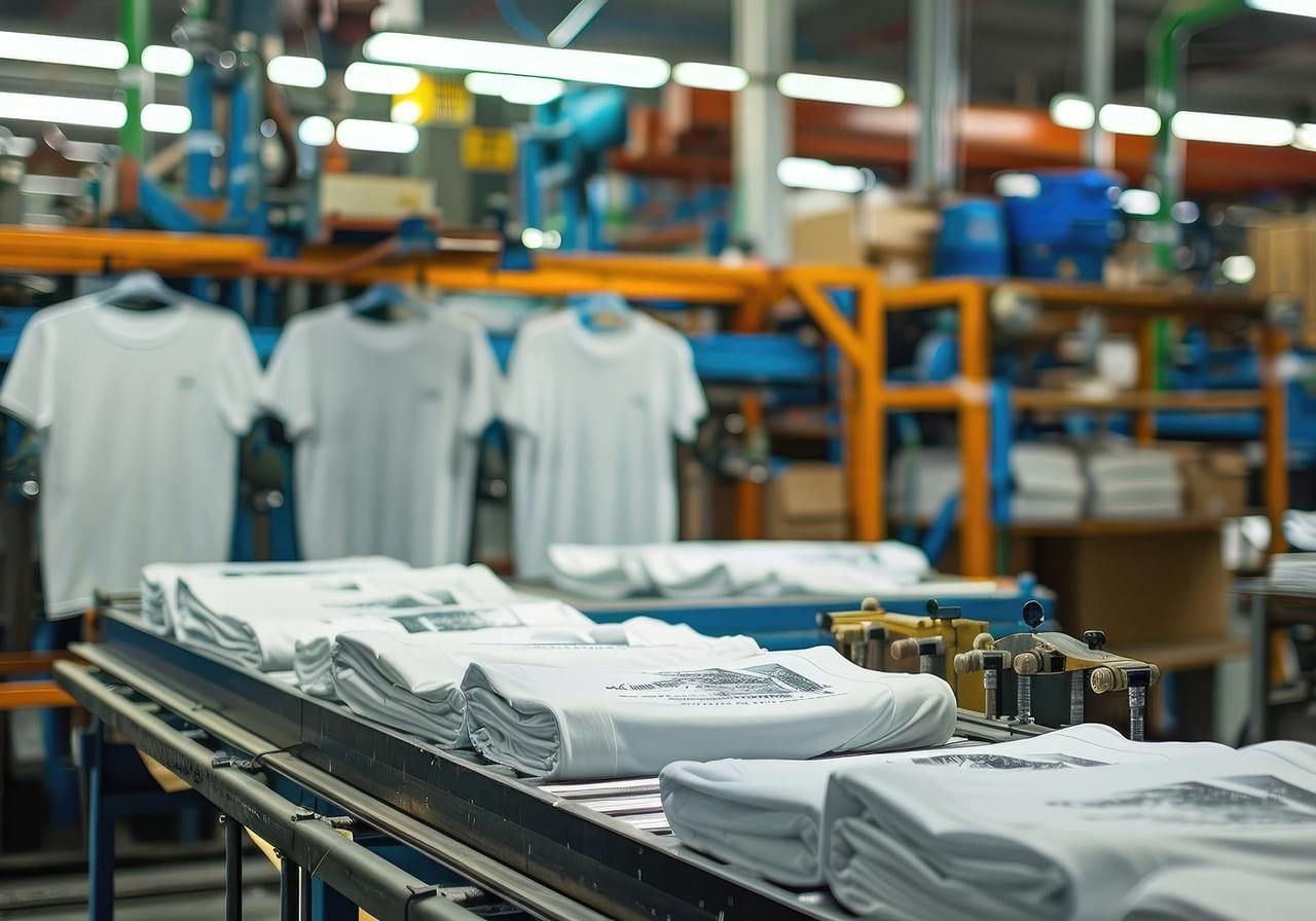 A factory scene with white t-shirts hanging and neatly stacked on tables in the foreground, surrounded by machinery.