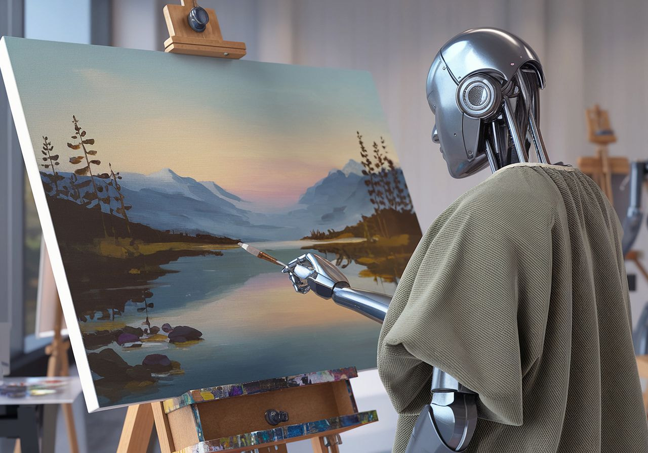 A robot painting a colorful landscape on an easel, showcasing its artistic skills in a creative environment.