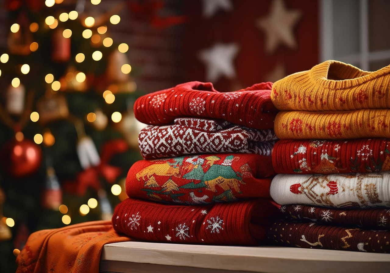 Stack of colorful, knitted Christmas sweaters on a table, featuring festive patterns. Blurred Christmas tree with lights in the background.