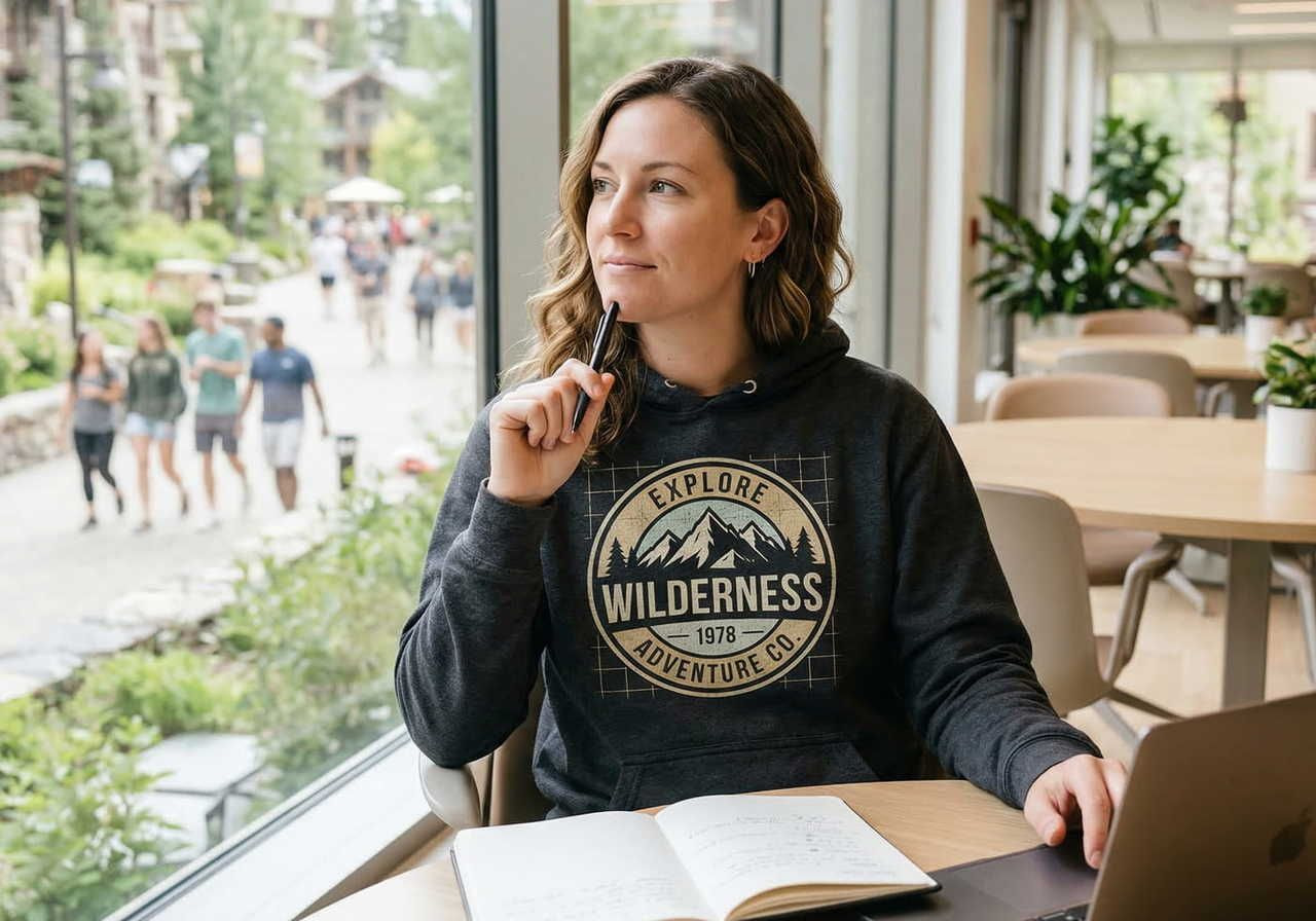 A woman in a "Wilderness Adventure Co." hoodie sits by a window, pen in hand, gazing thoughtfully outside. An open notebook and laptop nearby.