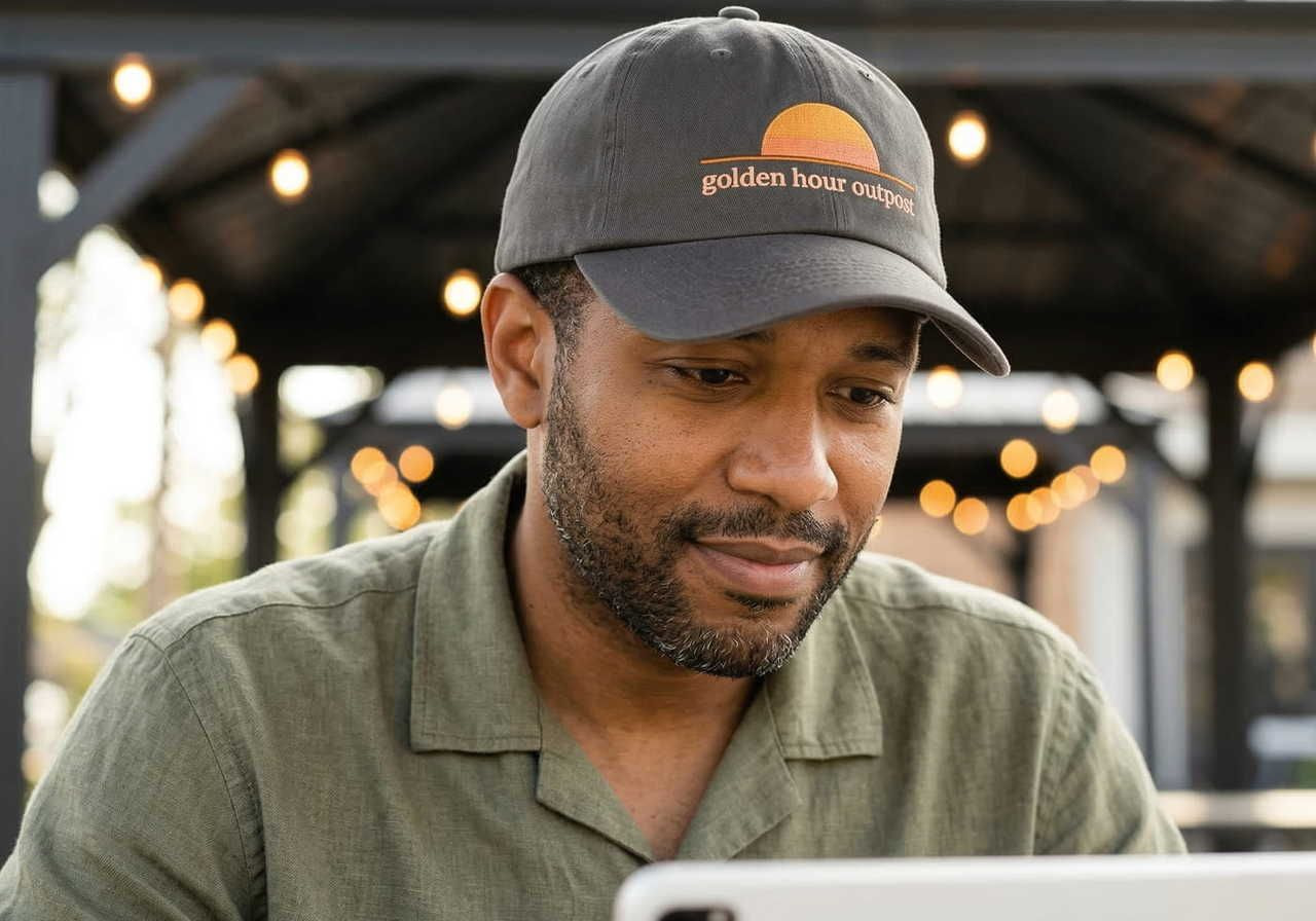 A man in a green shirt and "Golden Hour Outpost" cap smiles slightly while looking at a tablet. Warm lights are strung behind him.