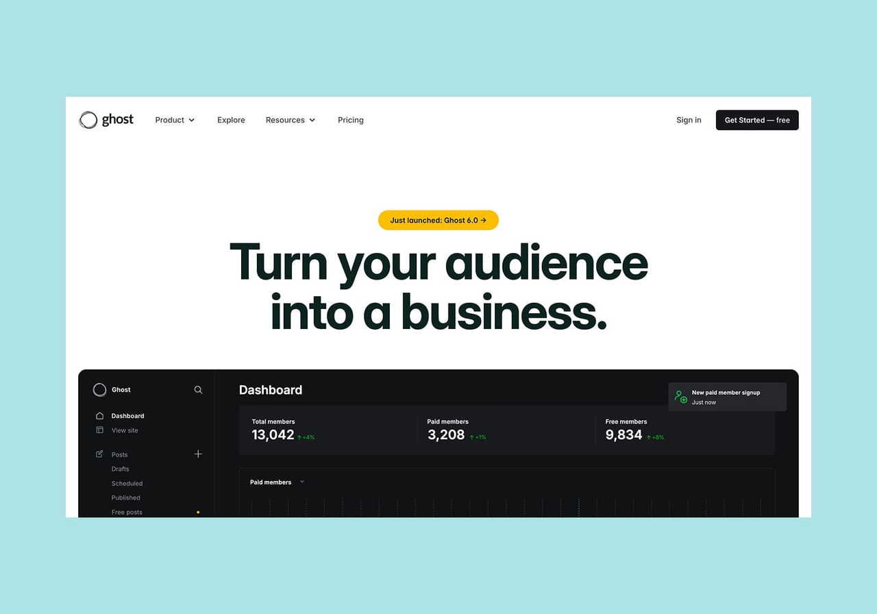 Ghost homepage hero section screenshot mockup.