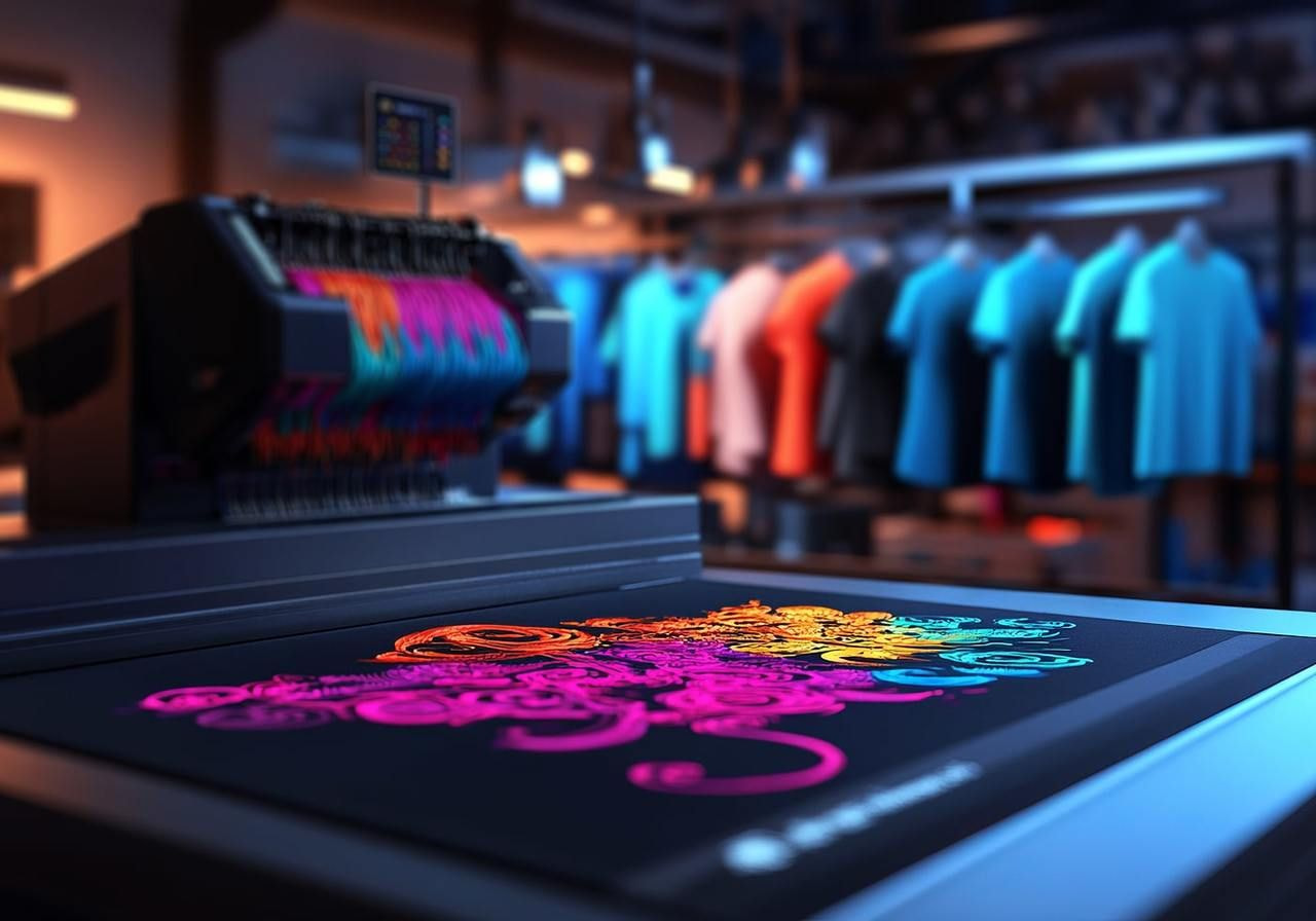 A t-shirt printing machine is displayed outside a retail store, showcasing its functionality and design.
