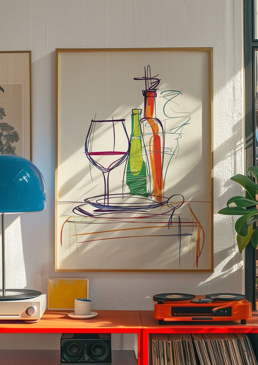 A colorful painting displayed on a wall, showcasing abstract shapes and vibrant hues.