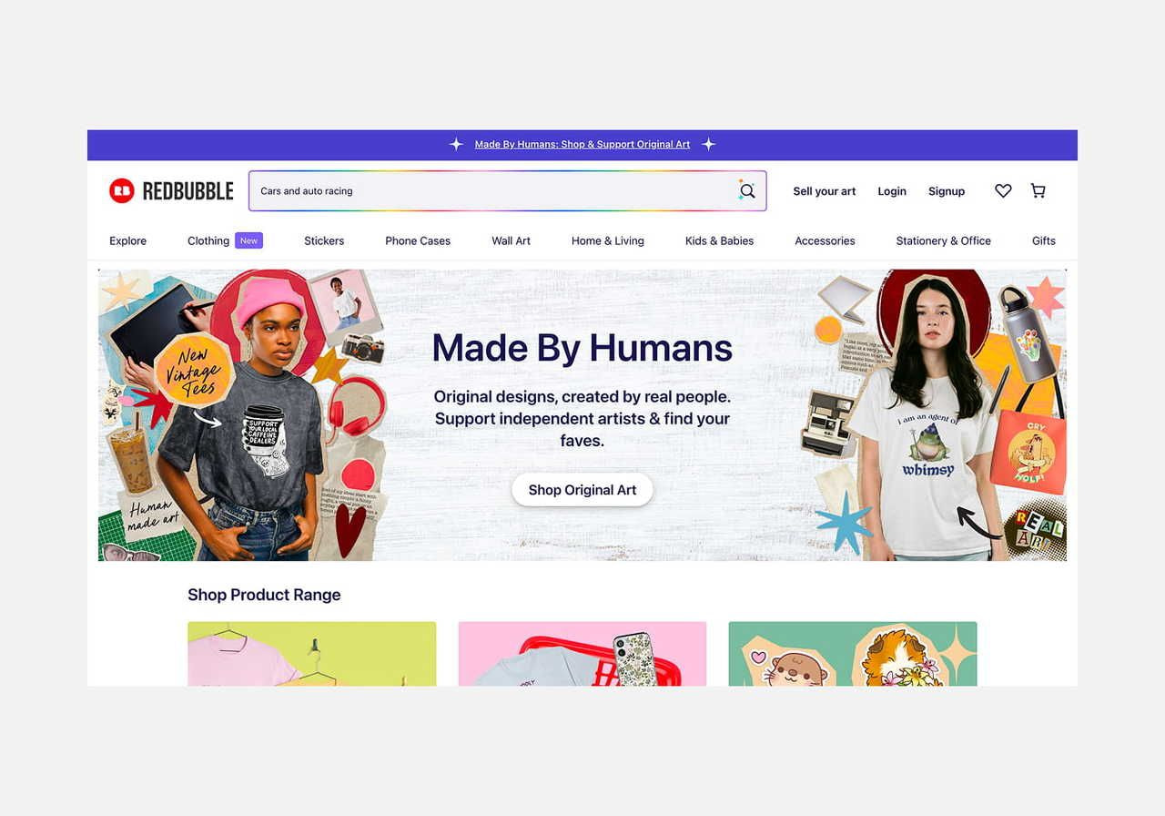 Redbubble homepage hero section screenshot mockup.