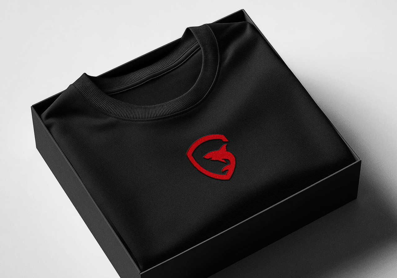 Black sweatshirt neatly folded in a black box, featuring a red embroidered logo of a shark.