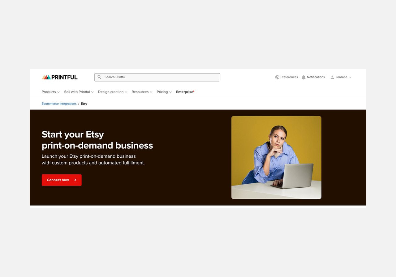 Printful Etsy integration page for print-on-demand.