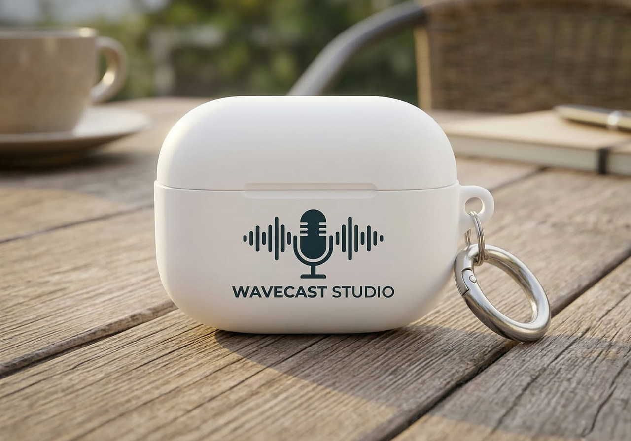 White earbud case with "Wavecast Studio" logo, featuring a microphone and soundwaves, rests on a wooden table.