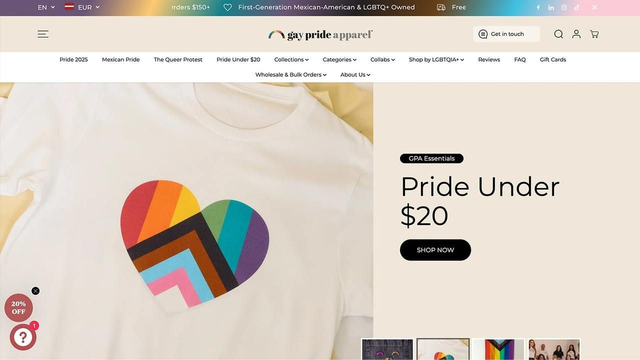Gay Pride Apparel homepage hero section screenshot.