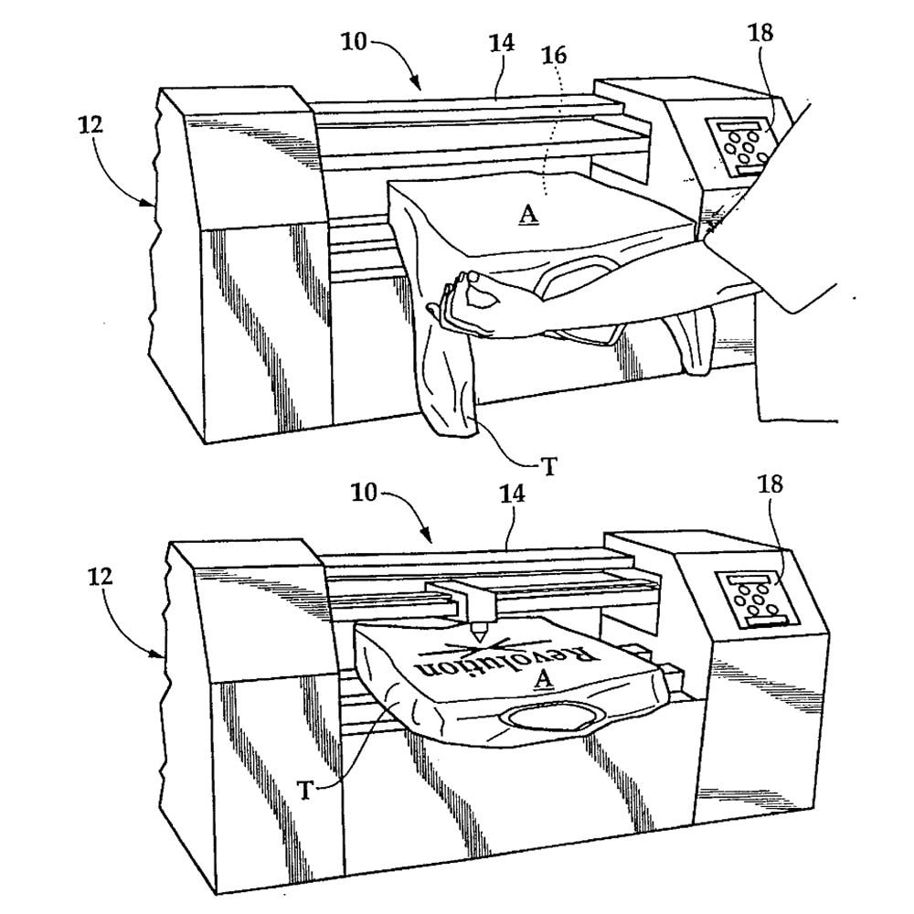 Patent document for a machine designed to print directly onto fabric surfaces.