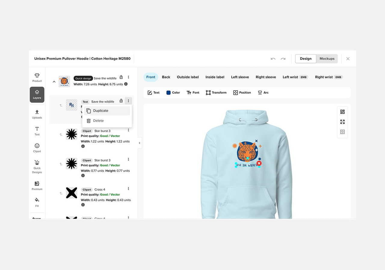 A screenshot showing Printful’s Design Maker and how to duplicate a layer.