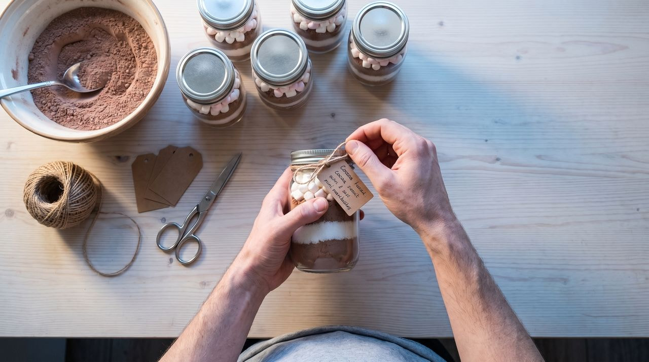 A man's hands tying a handwritten tag onto a glass jar of homemade cocoa mix on a wooden table, with more filled jars and twine nearby in cool morning light.