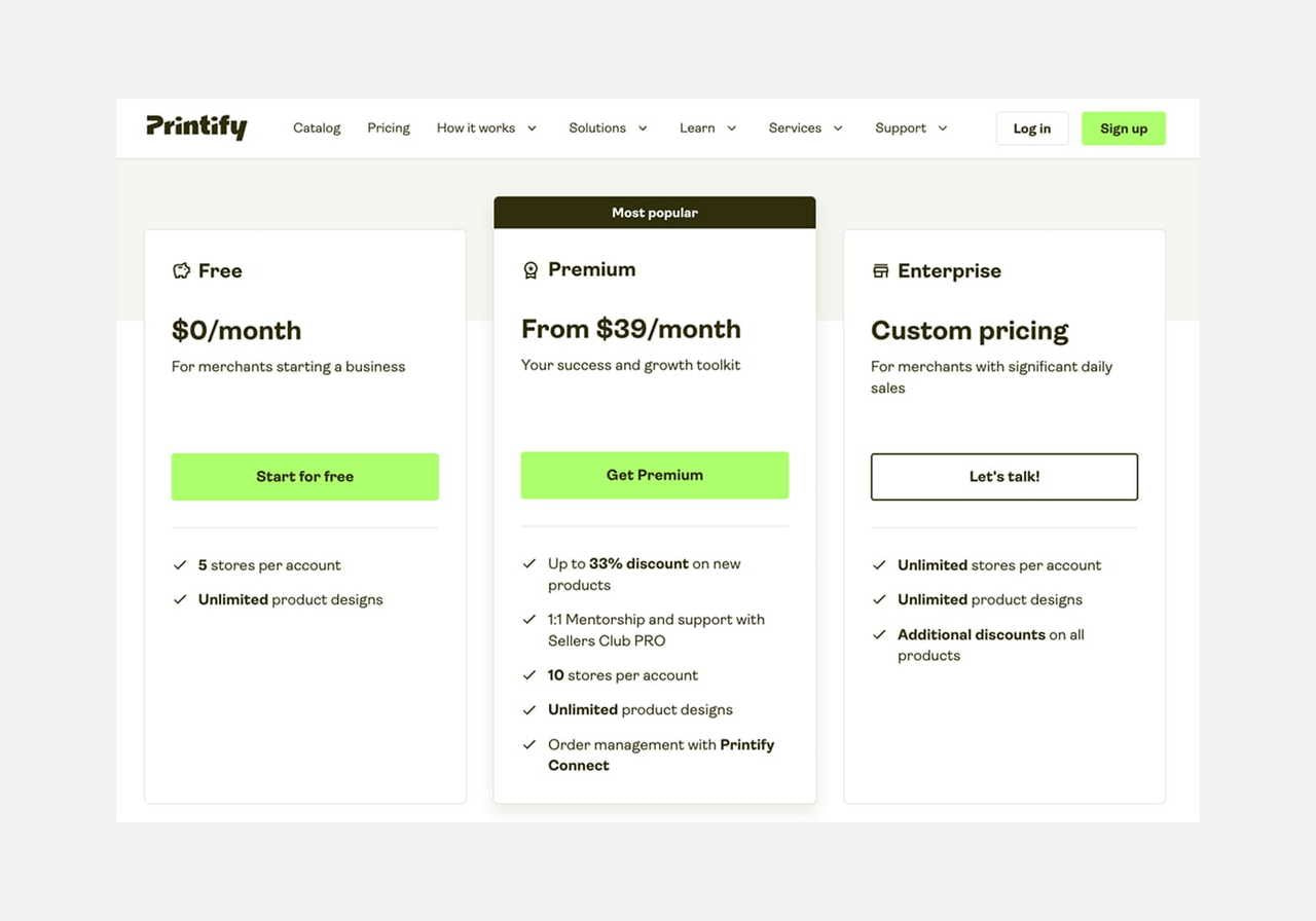 A screenshot mockup showing Printify’s pricing.