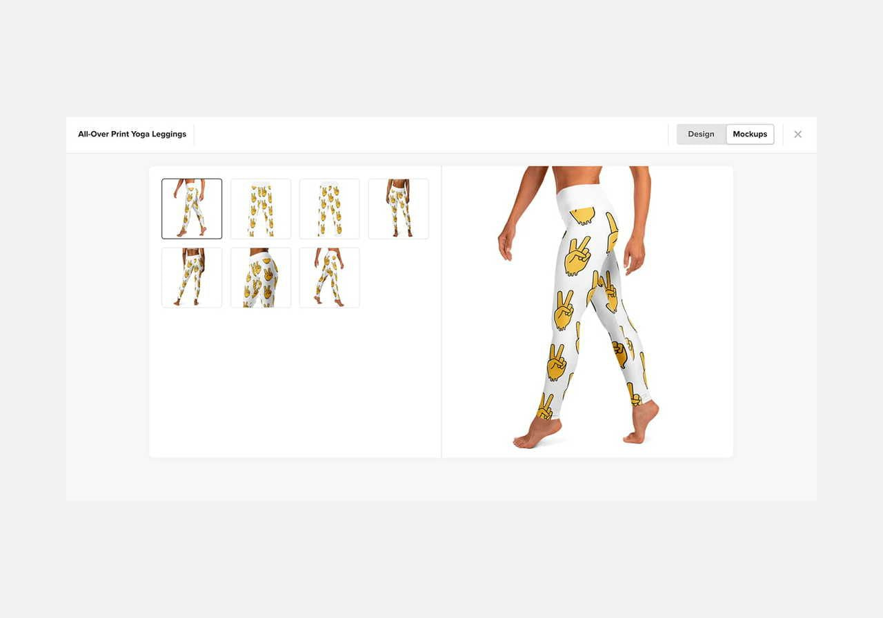 A screenshot showing Printful’s Design Maker mockups of yoga pants.