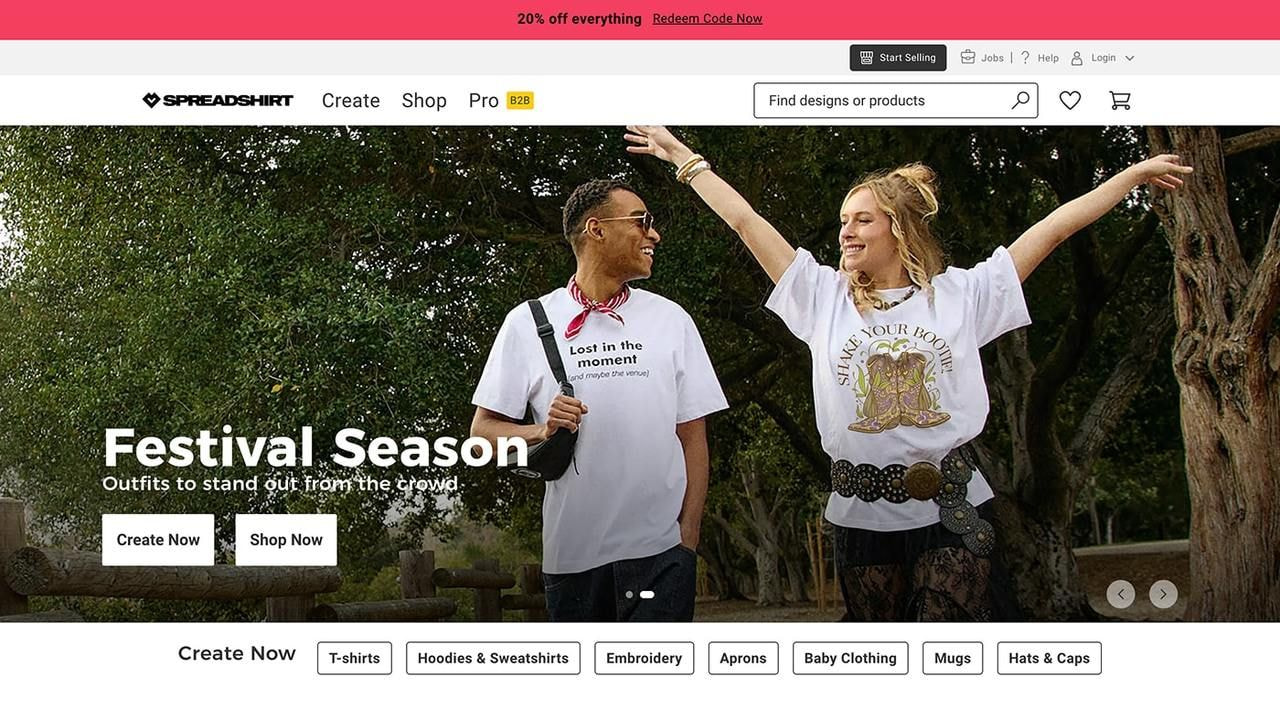 Spreadshirt homepage hero section screenshot.