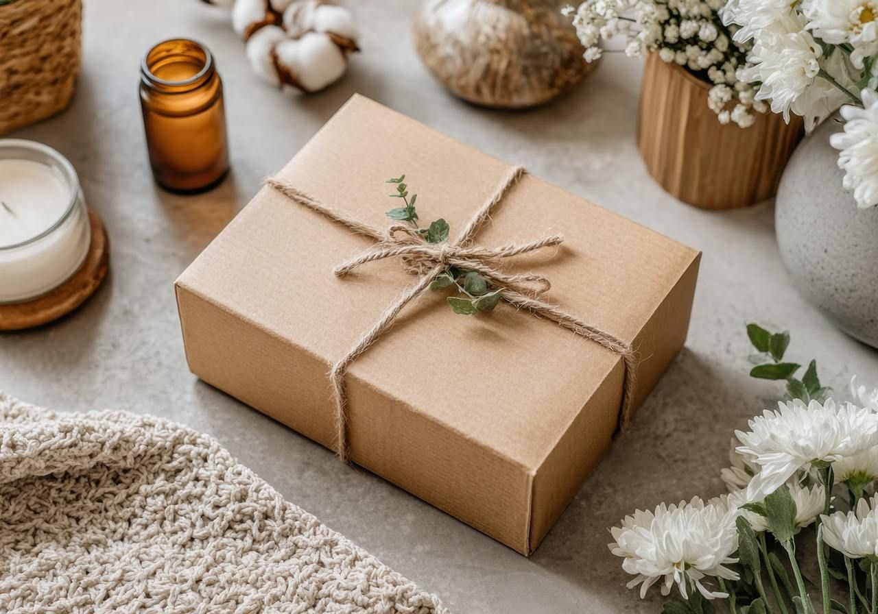 A decorative gift box surrounded by flowers and candles on a wooden table, creating a warm and inviting atmosphere.
