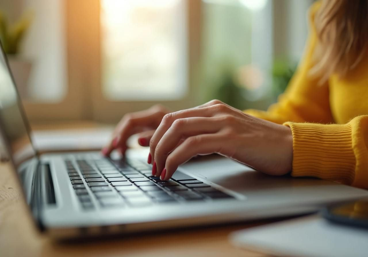A woman is typing on a laptop keyboard.
