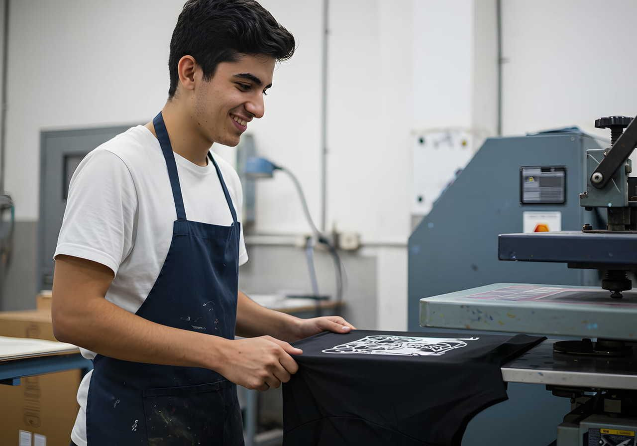 A young man in a workshop, wearing a white shirt and blue apron, smiles while using a printing machine to press a design onto a black t-shirt.