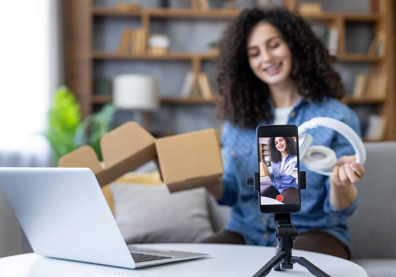 A woman is recording herself with a smartphone while presenting wireless headphones.