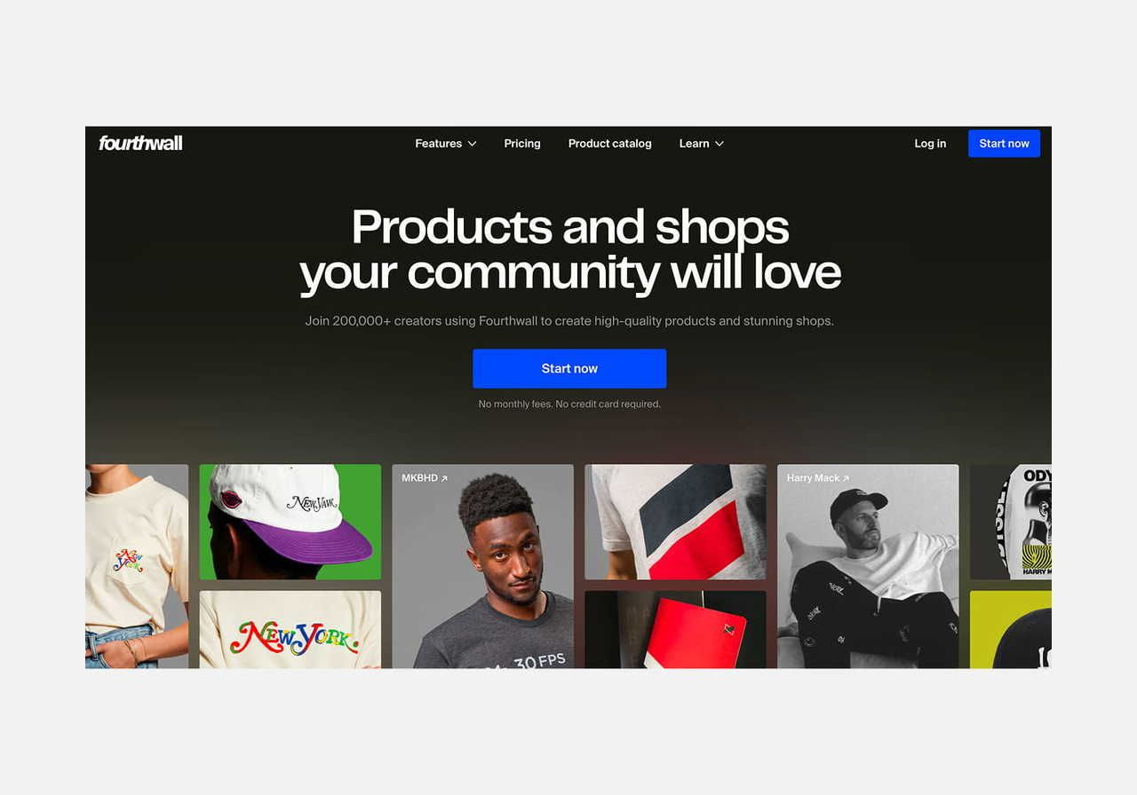A screenshot mockup of Fourthwall’s homepage hero section as an example of a Zazzle alternative.