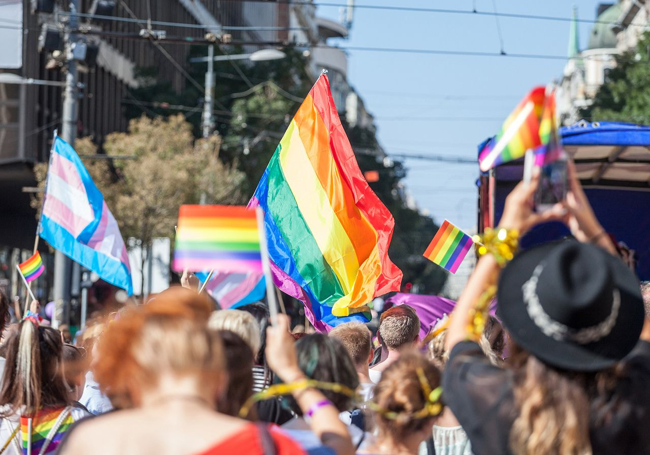 A diverse crowd celebrates at a Pride parade, waving rainbow and transgender flags.