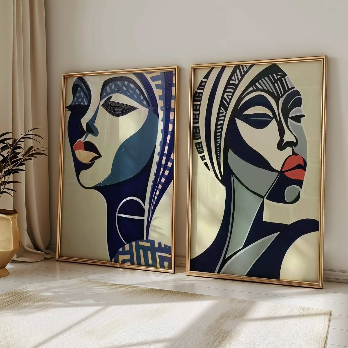 Two framed paintings depicting African women, each in distinct colors, showcasing cultural diversity and artistic expression.